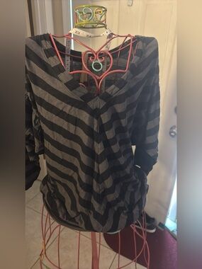 DKNY Black and Charcoal Striped V‑Neck Tunic